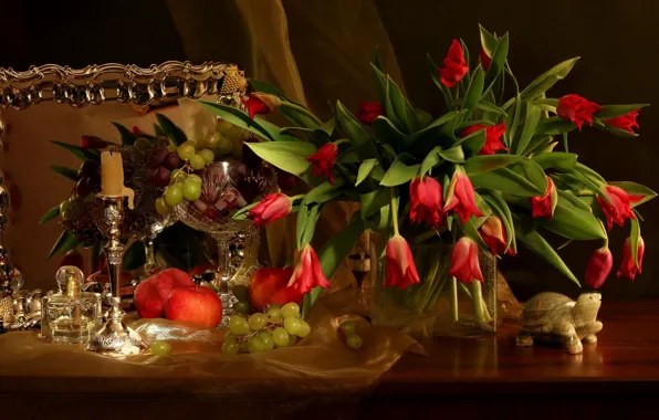 Flowers, table, apples, candle, bouquet, mirror, grapes, tulips