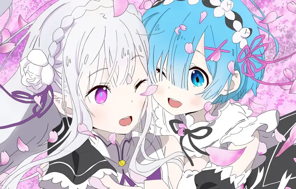 Girls, petals, Emilia, From scratch, REM, Re Zero Kara Hajime Chip Isek Or Seikatsu