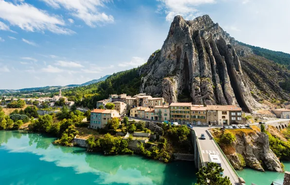 Rock, river, France, mountain, home, Sisteron