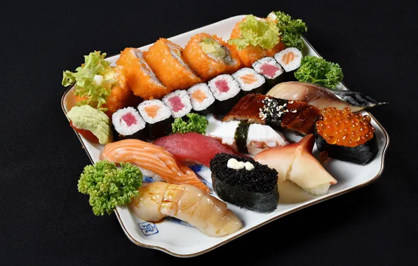 Caviar, sushi, rolls, specialties