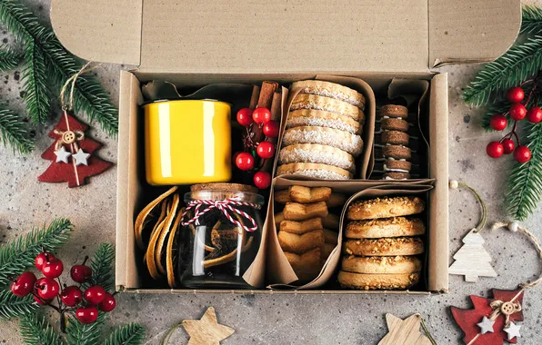 Stars, branches, box, gift, cookies, fruit, Christmas, mug