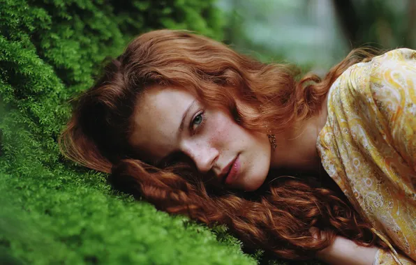 Picture greens, look, girl, moss, redhead, green-eyed