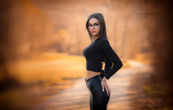 Look, girl, pose, glasses, blouse, pants, bokeh