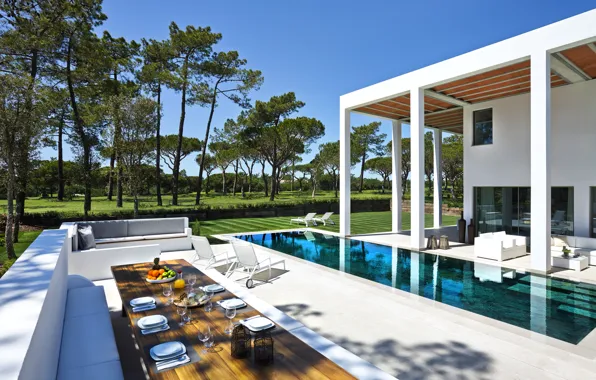 Picture house, table, interior, pool, sofas, sun loungers, exterior