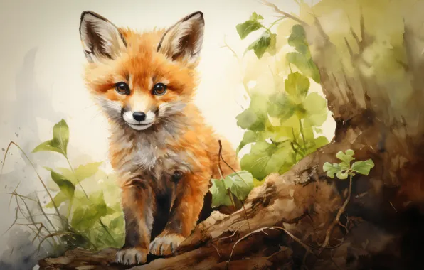 Nature, watercolor, Fox, digital painting, Fox, digital art, imitation of watercolor, imitation painting