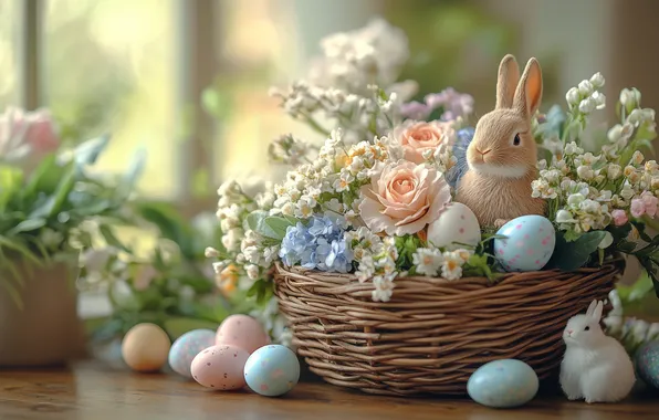 Flowers, eggs, bouquet, rabbit, Easter, basket, Bunny, eggs