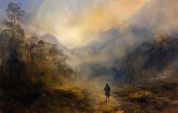 Road, forest, mountains, fog, dawn, people, morning, haze