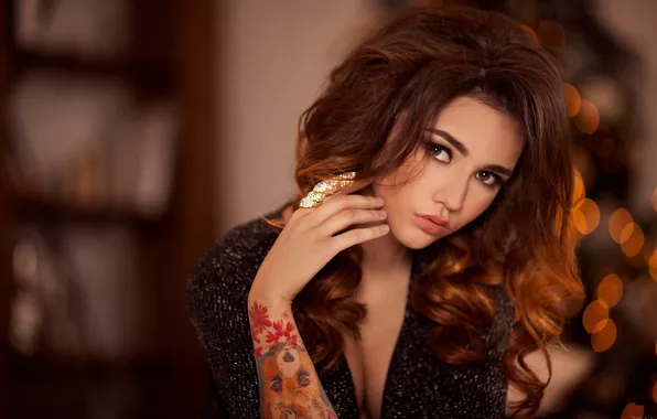 Picture look, pose, glare, model, makeup, tattoo, hairstyle, brown hair