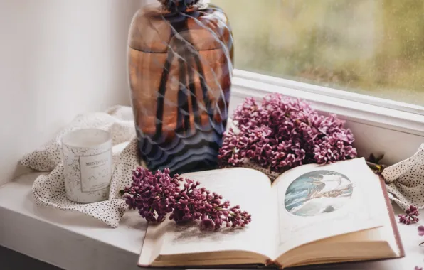 Picture window, book, vase, lilac