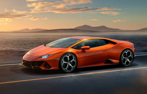 Road, sunset, orange, lights, graphics, Lamborghini, wheel, Lamborghini