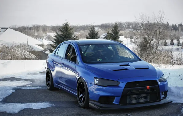 Mitsubishi, Lancer, Evolution, blue, winter