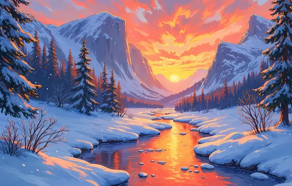 The sun, Winter, Mountains, Trees, Snow, Dawn, River, Digital art