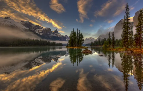 Trees, mountains, lake, island, Canada, Albert, Spirit Island