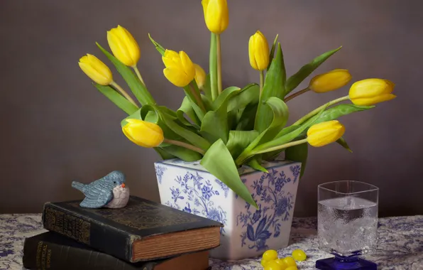 Flowers, glass, style, books, tulips, vase, bird, still life