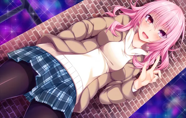 Pink hair, long hair, girls, anime, red eyes, sweater, skir