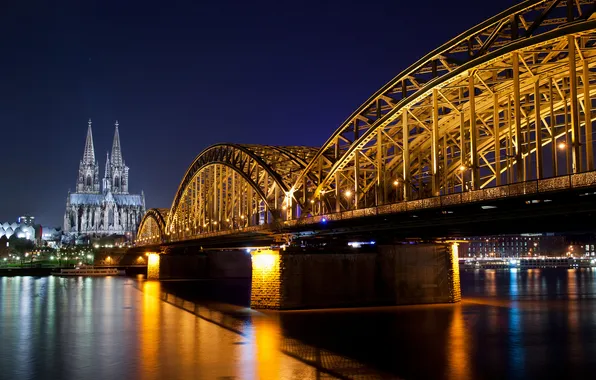 Road, night, bridge, the city, river, Germany, lighting, Germany