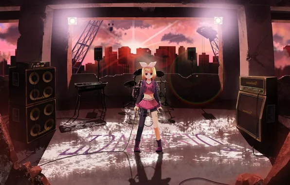 Picture girl, microphone, ruins, vocaloid, bow, Kagamine Rin, Vocaloid