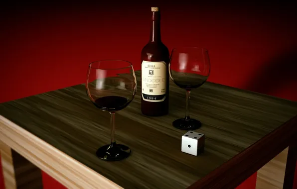 Table, wine, bottle, glasses, cube, wooden, red background