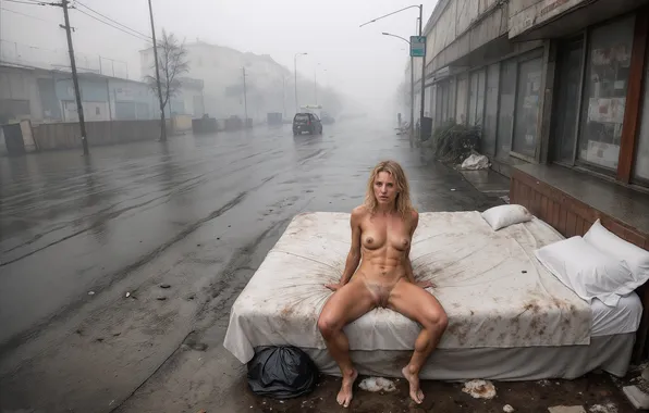 Home, Girl, Street, Bed, Sitting, Digital art, Naked, AI art