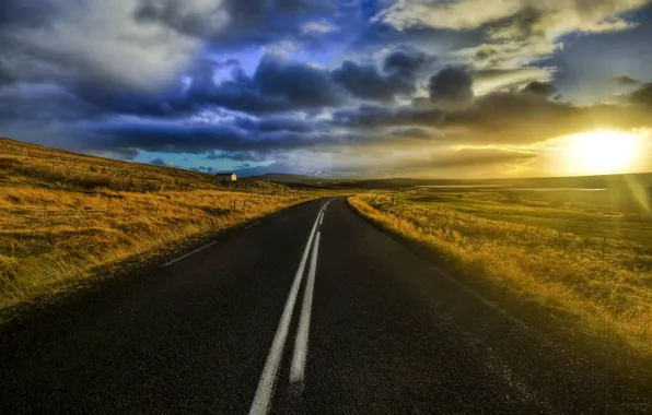 The sun, clouds, Road