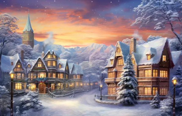 Winter, snow, the city, house, building, home, Christmas, New year