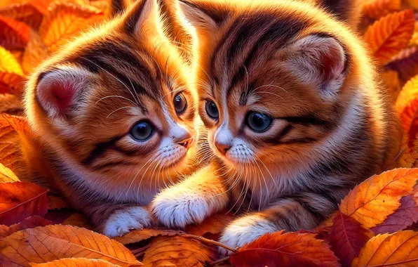 Autumn, cat, look, cats, pose, kitty, foliage, kittens