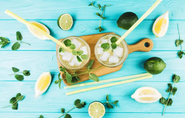 Ice, lime, glasses, mint, Lime, lemonade, mint, cocktails