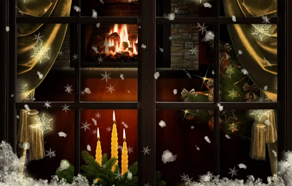 Picture snow, decoration, snowflakes, tree, candles, window, Christmas, New year