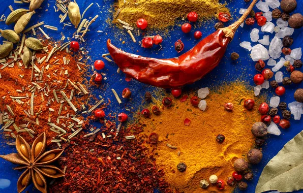 Berries, pepper, placer, sharp, a lot, different, blue background, spices