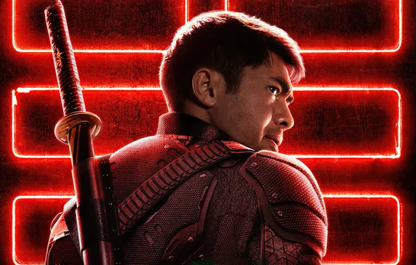 Fiction, sword, katana, action, poster, red background, Henry Golding, Henry Golding