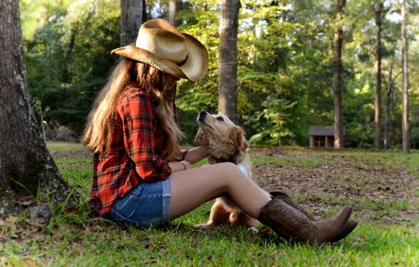 Picture grass, girl, sunset, tree, dog, hat, house, sitting