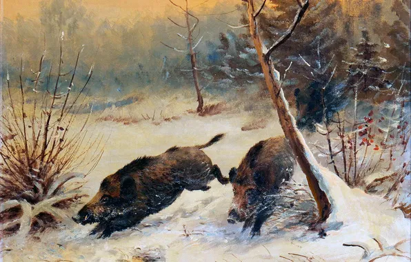 Winter, Trees, Snow, Running, Picture, Two, German artist, Wilhelm Lorenz
