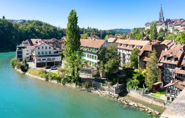 The sky, the sun, trees, river, home, Switzerland, Bern, Aare river