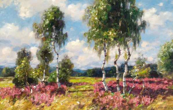 1908, German painter, German painter, Alexander Max Koester, Birches in a heath landscape, Birch Heath, …