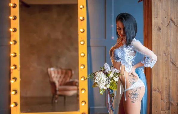 Flowers, sexy, reflection, model, body, panties, chair, makeup
