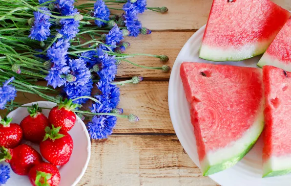 Picture summer, flowers, blue, berries, Board, bouquet, watermelon, strawberry