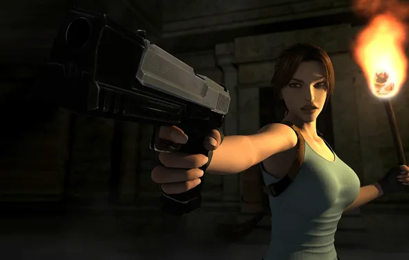 Gun, art, torch, Tomb Raider, Lara Croft, backpack, Lara Croft