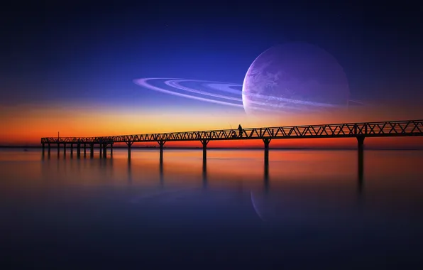 Picture the sky, stars, sunset, bridge, loneliness, fiction, people, planet