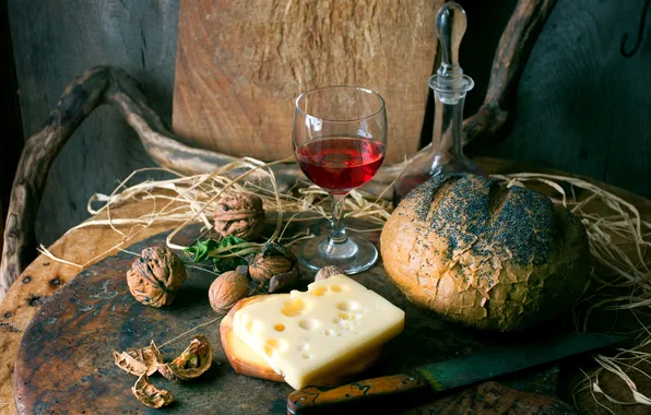 Wine, red, glass, cheese, bread, nuts