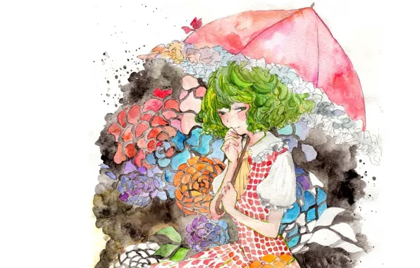Umbrella, watercolor, green hair, kazami yuuka, thingies, white blouse, project East, touhou project