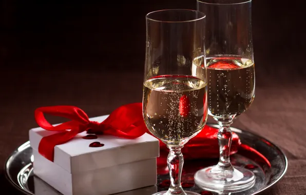 Box, gift, romance, champagne, bow, gift, champagne
