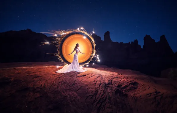 Girl, light, landscape, mountains, night, nature, pose, style