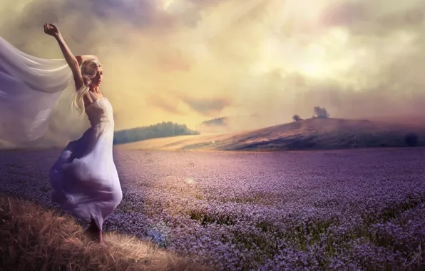 Field, girl, flowers, nature, dress, hill, lavender