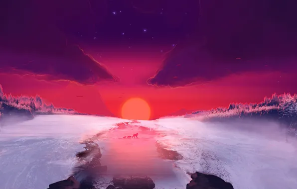 Sunset, The sun, Nature, Winter, River, Fantasy, Landscape, Nature