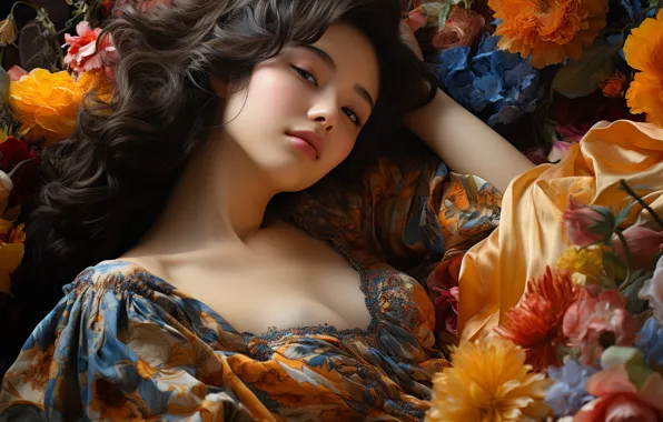 Picture look, girl, flowers, pose, portrait, Asian, AI art, neural network