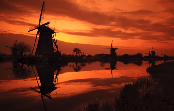 The sky, Mill, Kinderdijk Sunset, Netherlands, Windmills