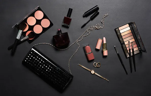Watch, lipstick, mascara, shadows, bag, brush, cosmetics