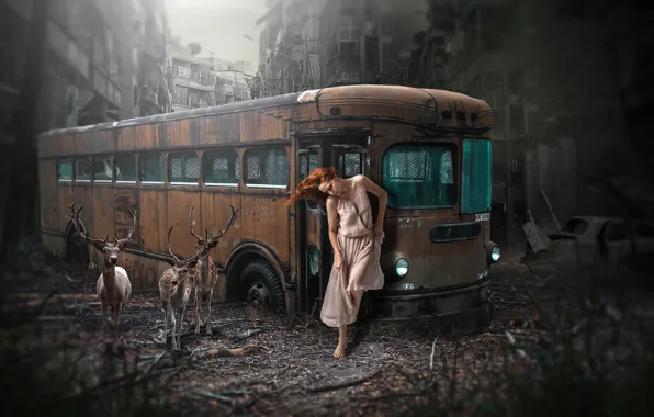Girl, the city, bus, deer, redhead, postapokalipsis, an abandoned place, photoart