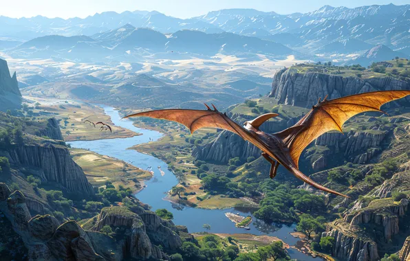 Mountains, Trees, River, Flight, Wings, Dinosaur, Animal, Digital art