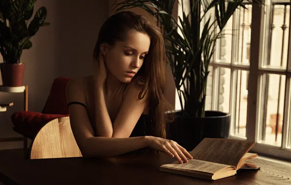 Girl, pose, photo, room, model, hair, window, book